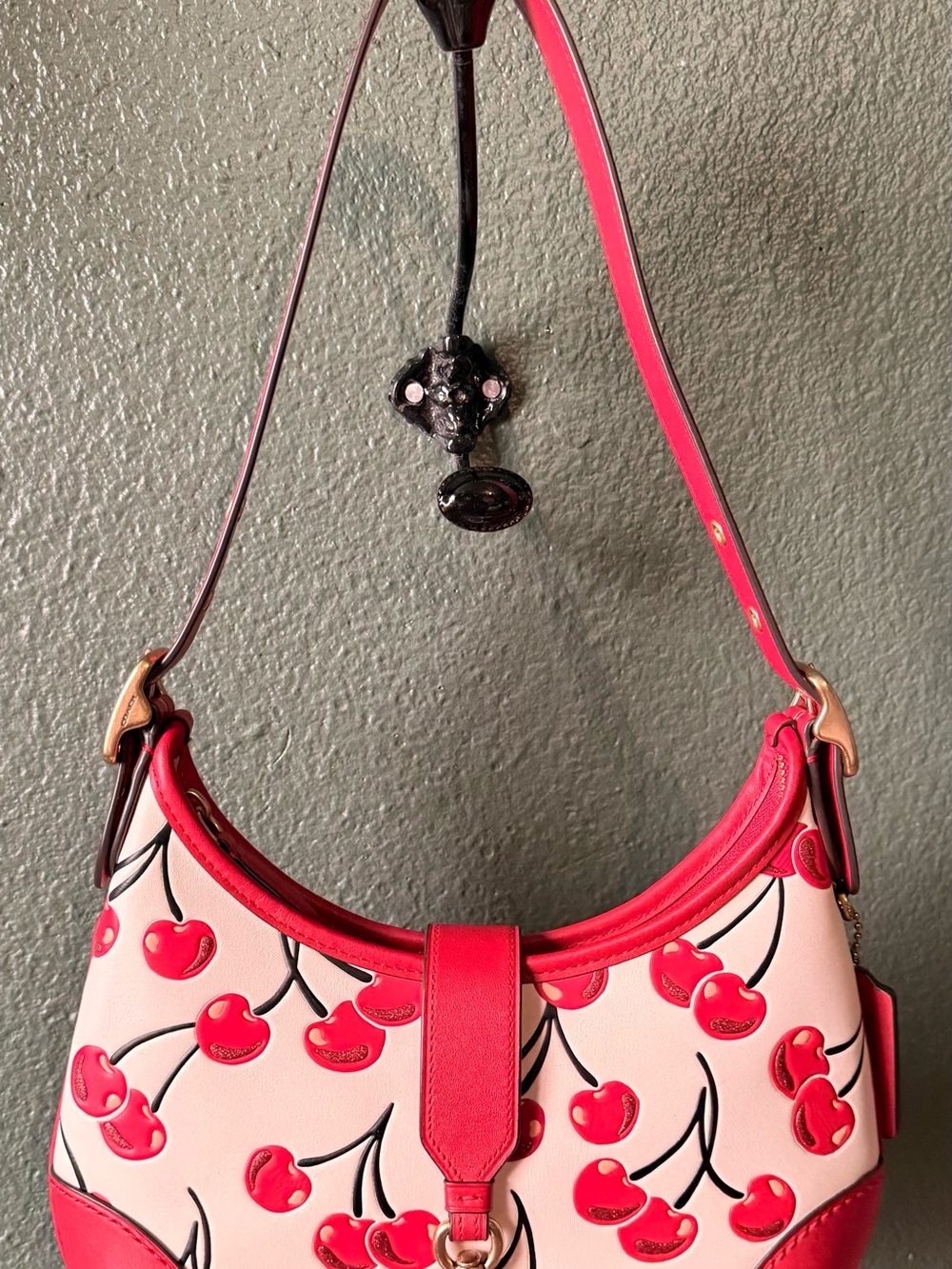 Coach Pink Cherry Print Leather Shoulder Bag with Red Accents